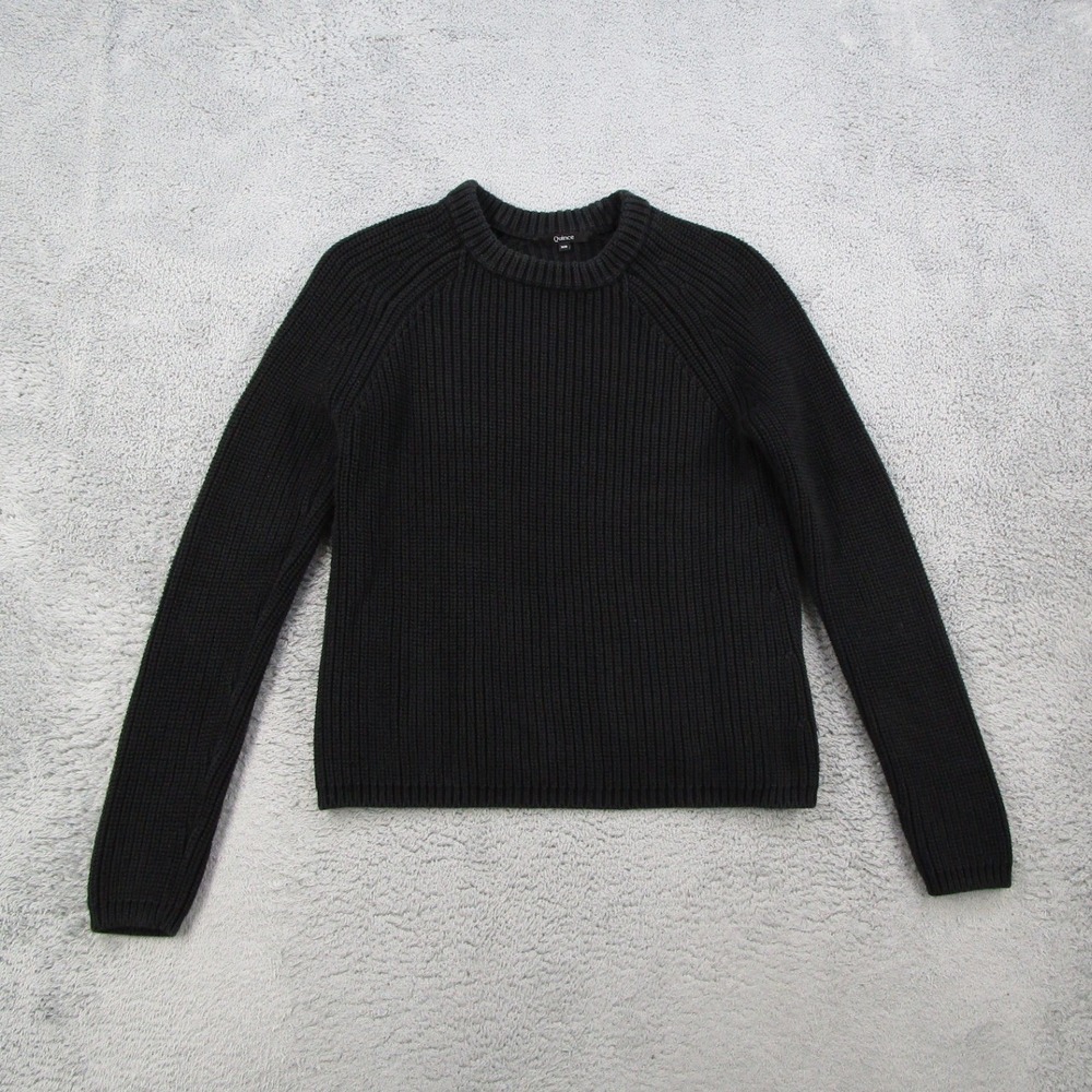 Quince Fisherman Crew Sweater Black 100% Organic Cotton Ribbed Knit XS